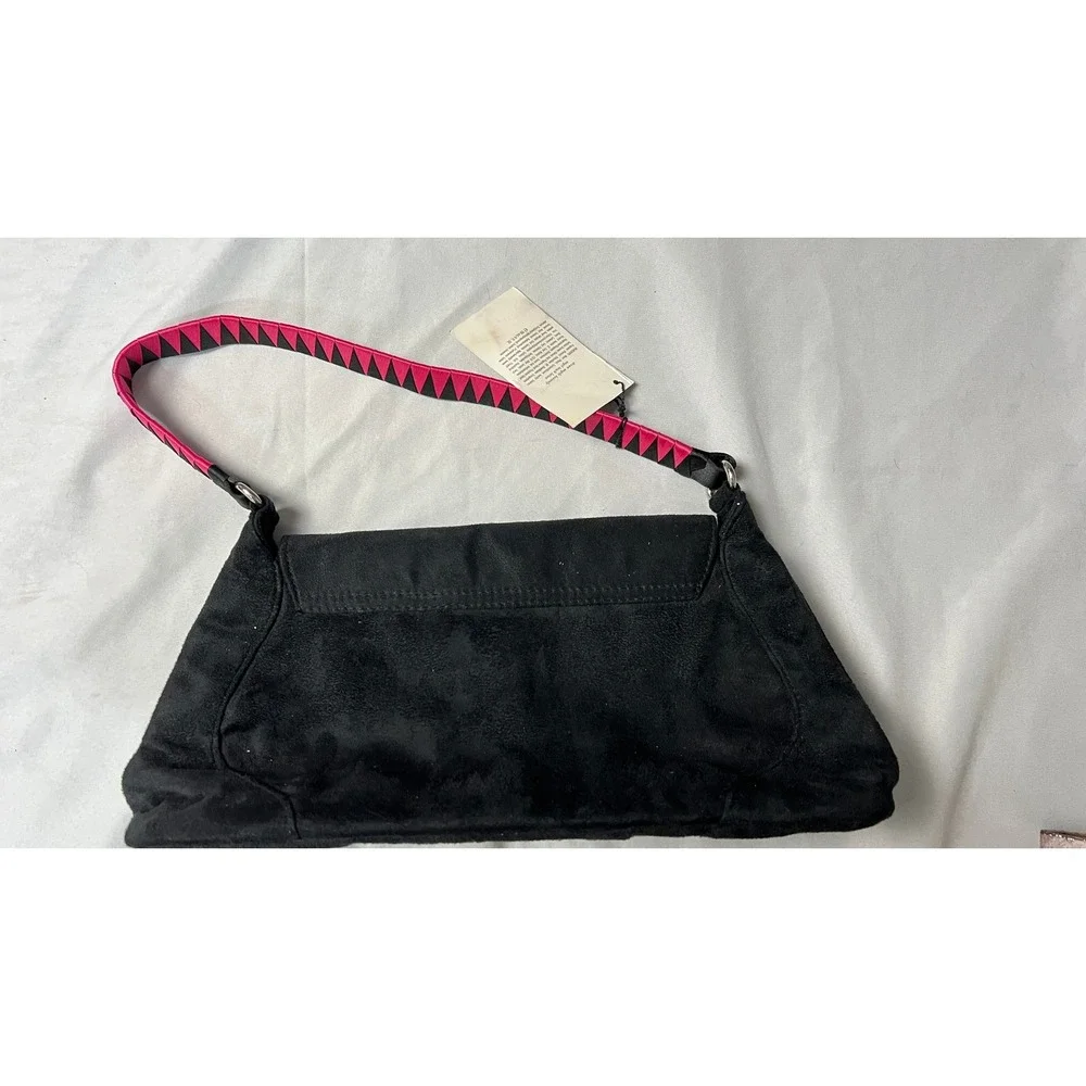 Victorias Secret‎ Black Faux Suede Shoulder Bag Pink Geometric Strap Y2K NWT
